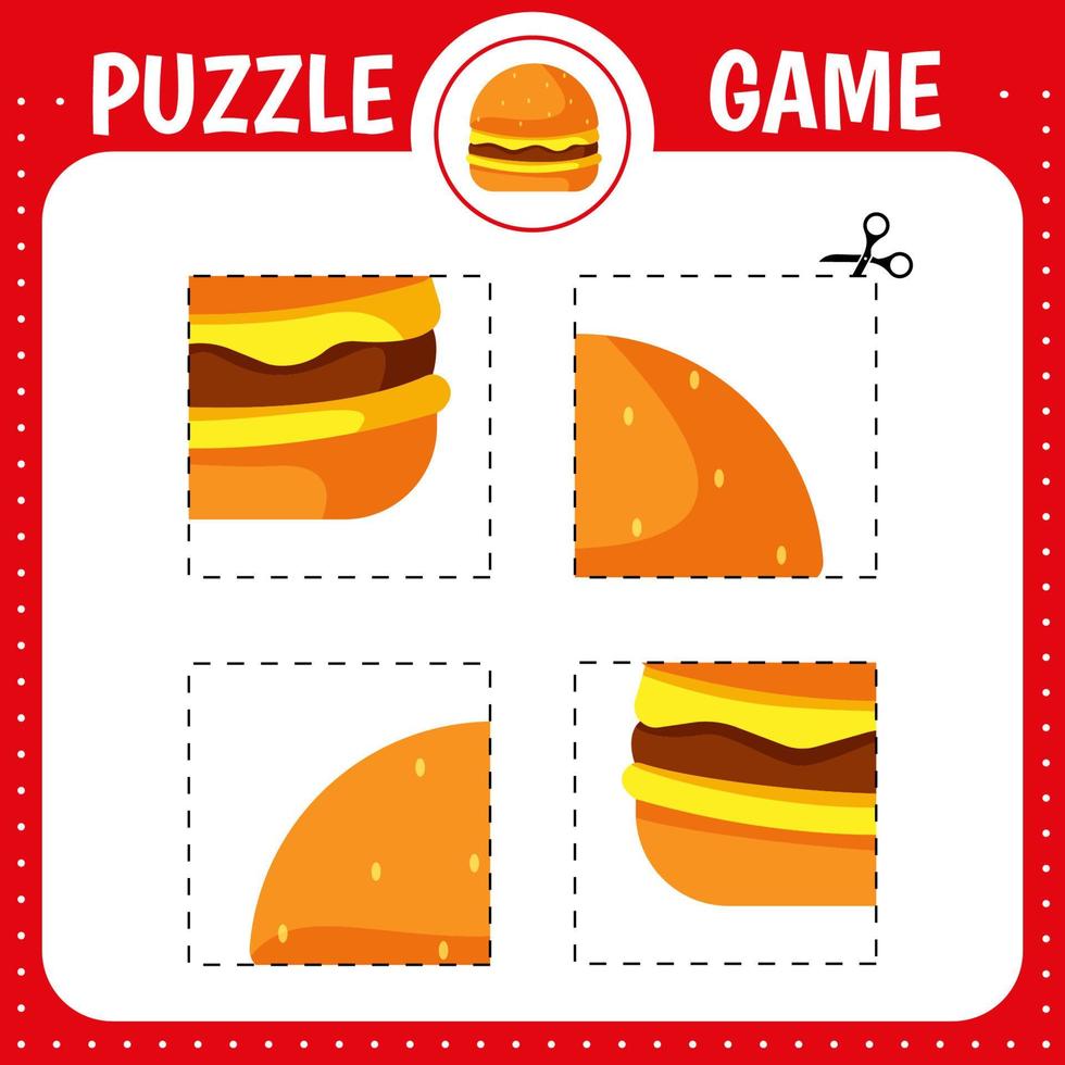 Puzzle game for kids. Cartoon burger. Cutting practice. Education developing worksheet. Activity page. vector