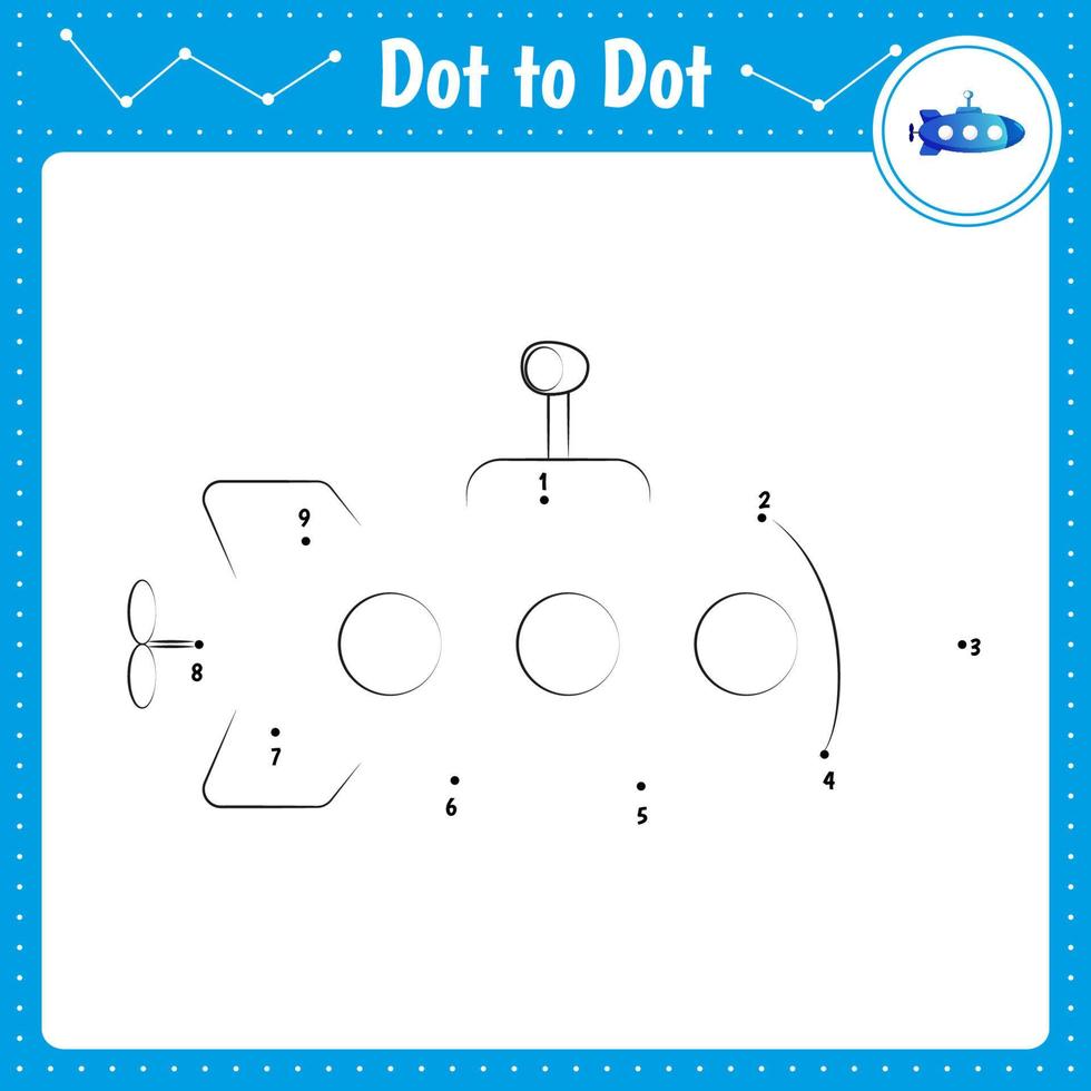 Connect the dots. Submarine. Dot to dot educational game. Coloring book for preschool kids activity worksheet. Vector Illustration.