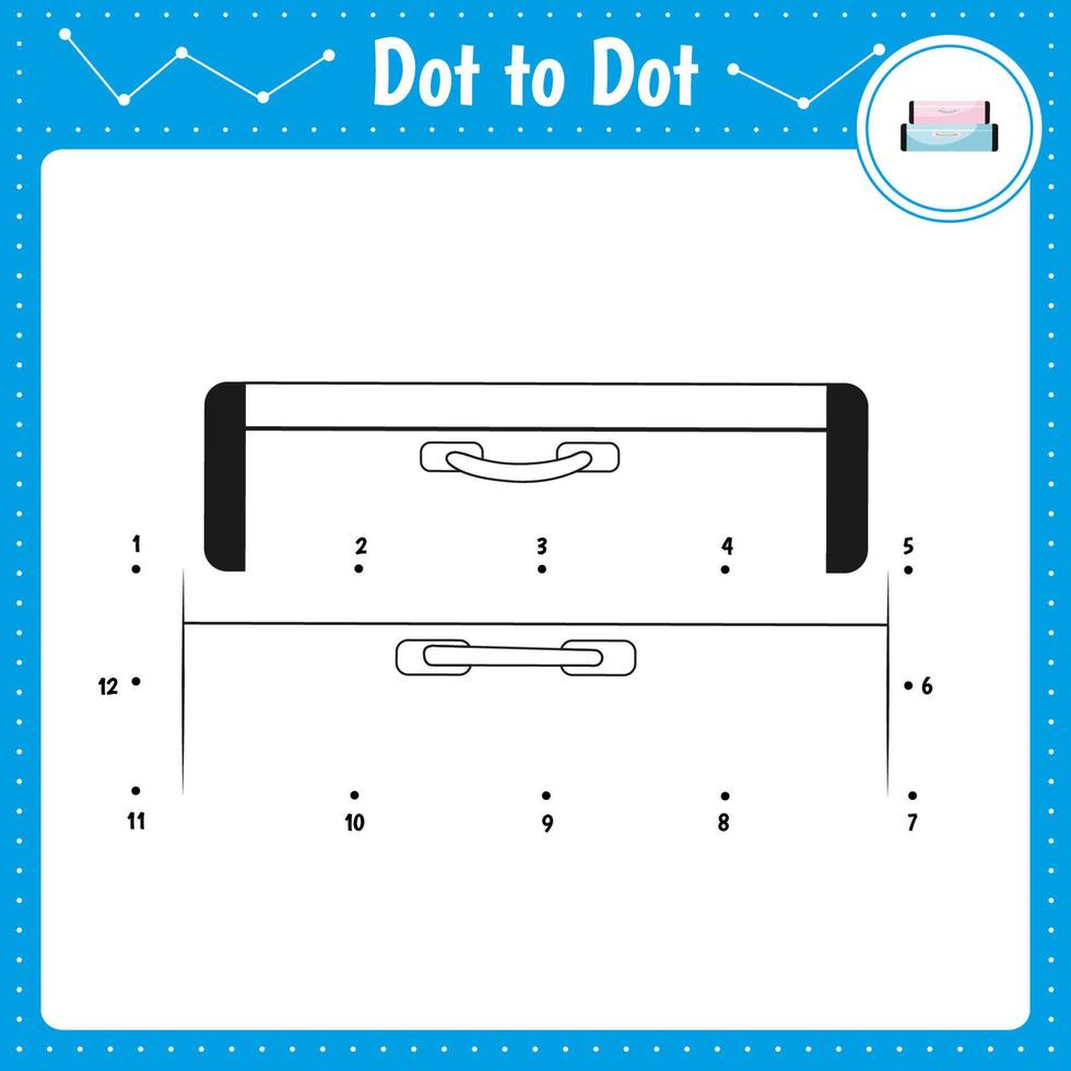 Connect the dots. Suitcase. Dot to dot educational game. Coloring book for preschool kids activity worksheet. Vector Illustration.