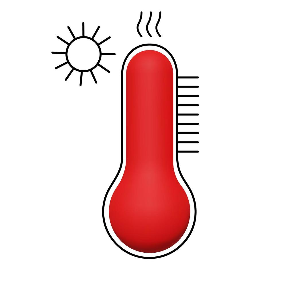 Cute hot weather sign with red thermometer and sun. Vector 3d illustration with linear stroke