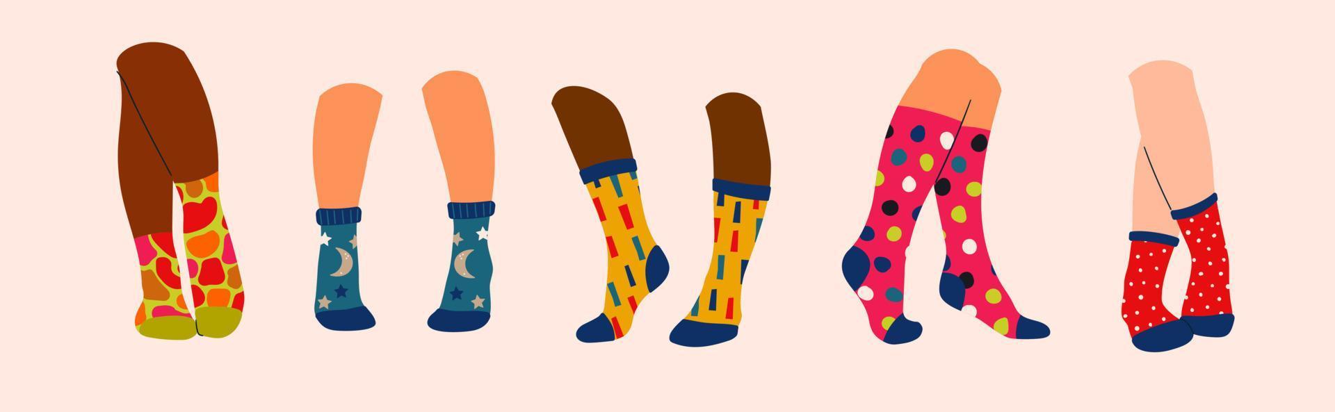 A set of women's foot in socks in a trendy style. Cute cozy sock with a different pattern. Clothing Accessories vector