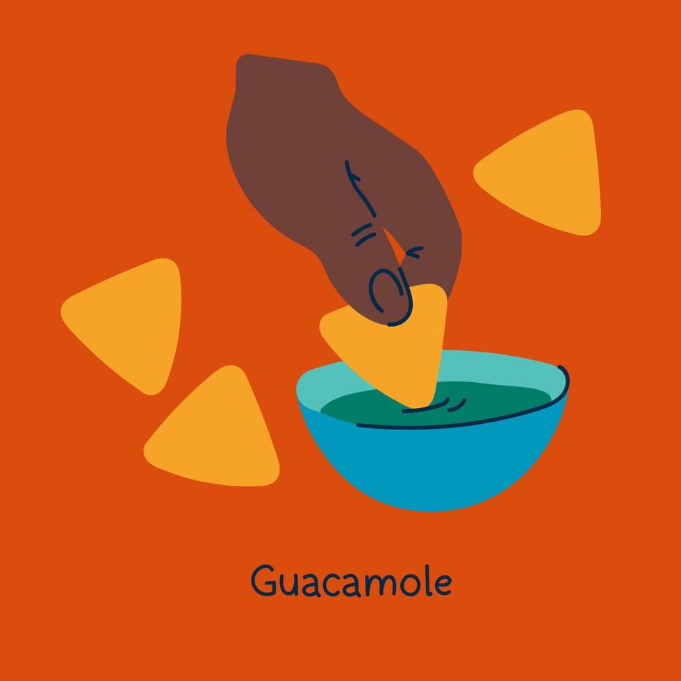 The hand dips nachos in guacamole. Vector illustration of Mexican food. Bright orange background