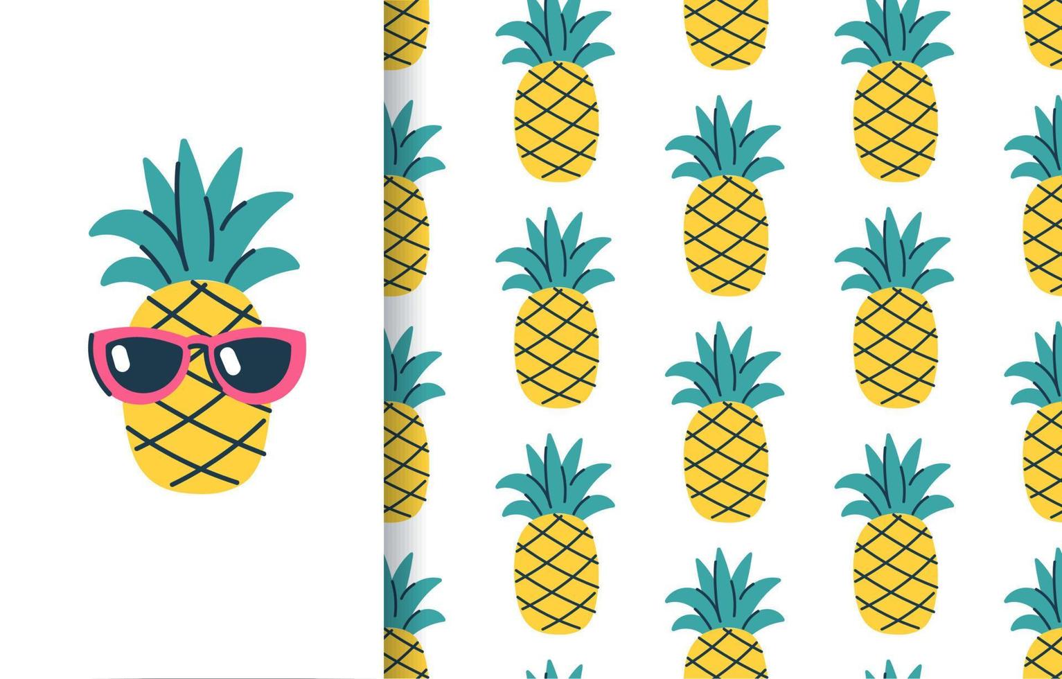 Seamless pattern and pineapple print. Vector background in doodle style with tropical fruits. For clothes, summer background