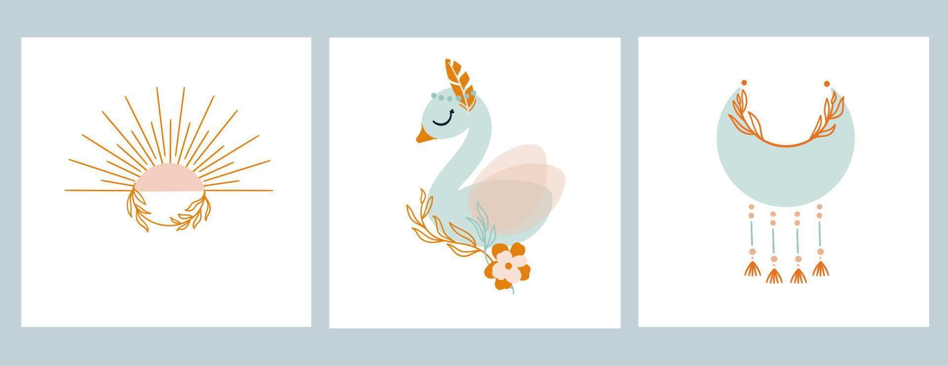 A set of illustrations for the children's room. Swan, moon and sun in boho style vector