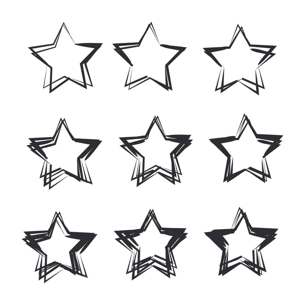 Set of black hand drawn vector stars in doodle style template color editable. Could be used as pattern symbol vector sign isolated on white background illustration for graphic and web design.