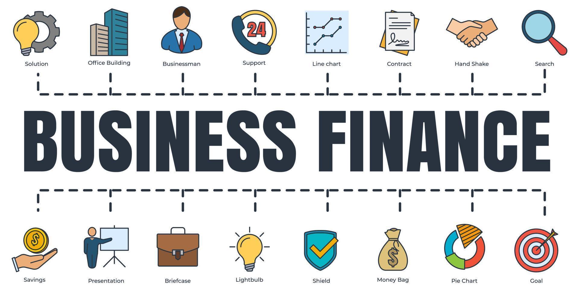 Business finance banner web icon set. businessman, briefcase, pie chart, presentation, search, etc vector illustration concept.