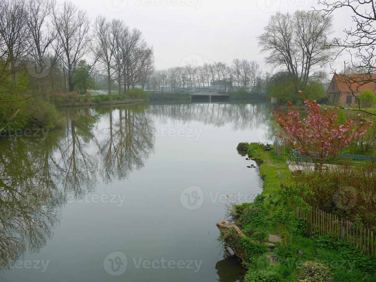 Hermosa escena el agua refleja la orilla del lago en el parque verde de Brujas, Bélgica foto