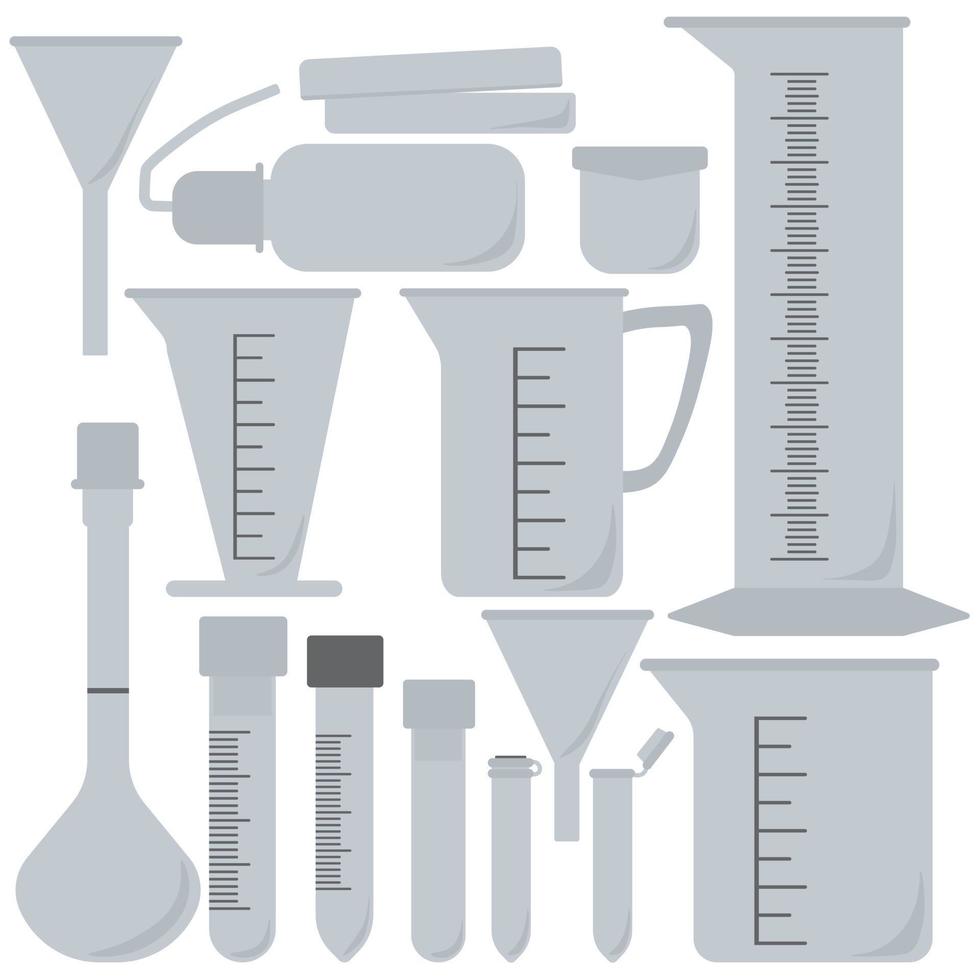 juego de cristalería de laboratorio de plástico, cristalería de medición y análisis para uso científico o médico vector