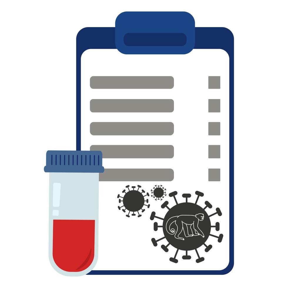 Monkey pox analysis, test tube with blood for research and folder with results vector