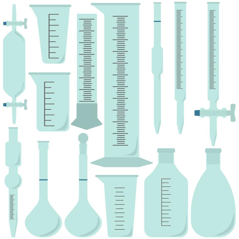 Glass volumetric glassware set, laboratory glassware and equipment vector