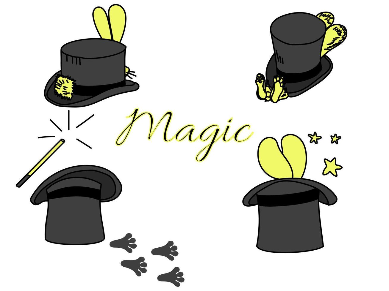 Rabbit in a magic hat set, illusionist entourage vector