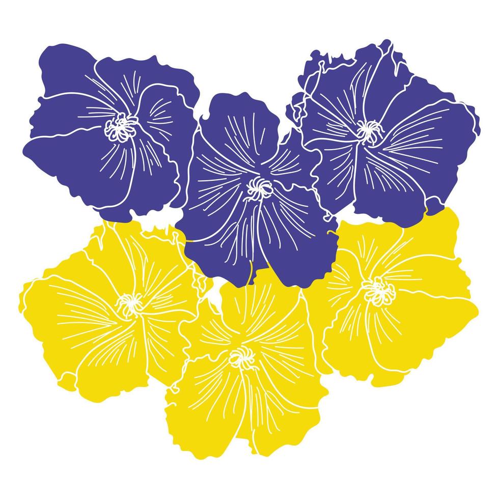 Silhouettes of mallows in blue and yellow, lush flowers with broad leaves vector