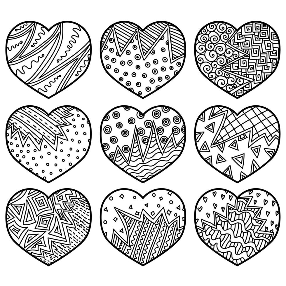 Set of outline hearts with ornate zen patterns, Abstract valentines with symbolic cracks for creativity vector