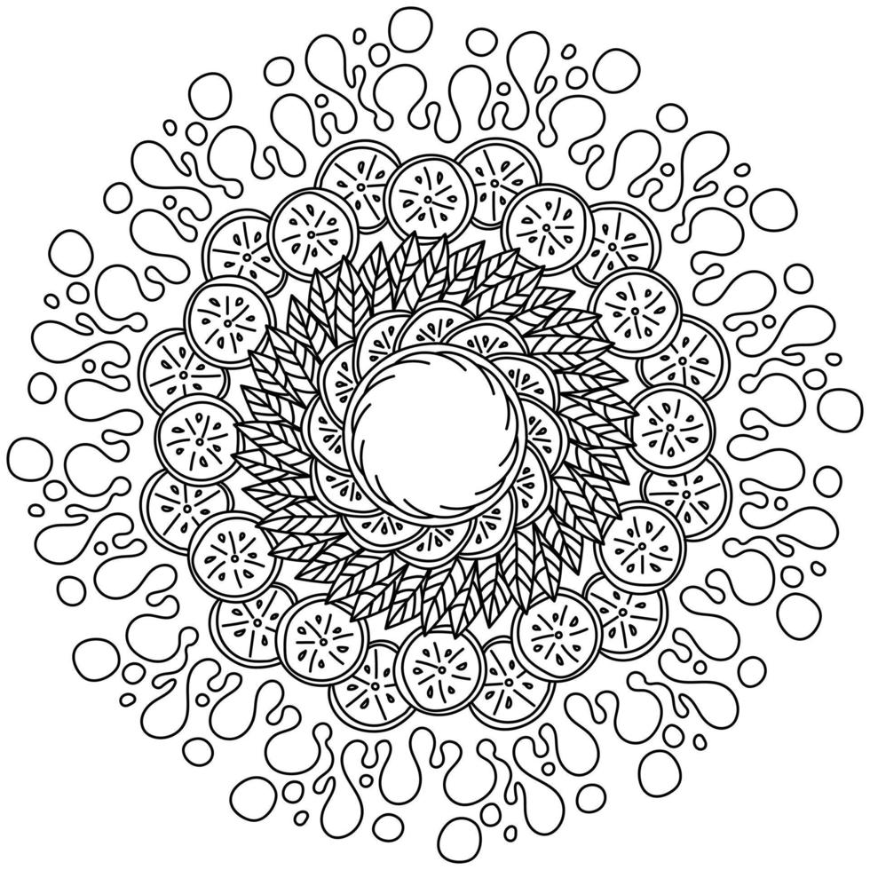 Creative mandala with lemon slices, bunches of leaves and splash splash, anti stress zen coloring page with juicy citrus vector