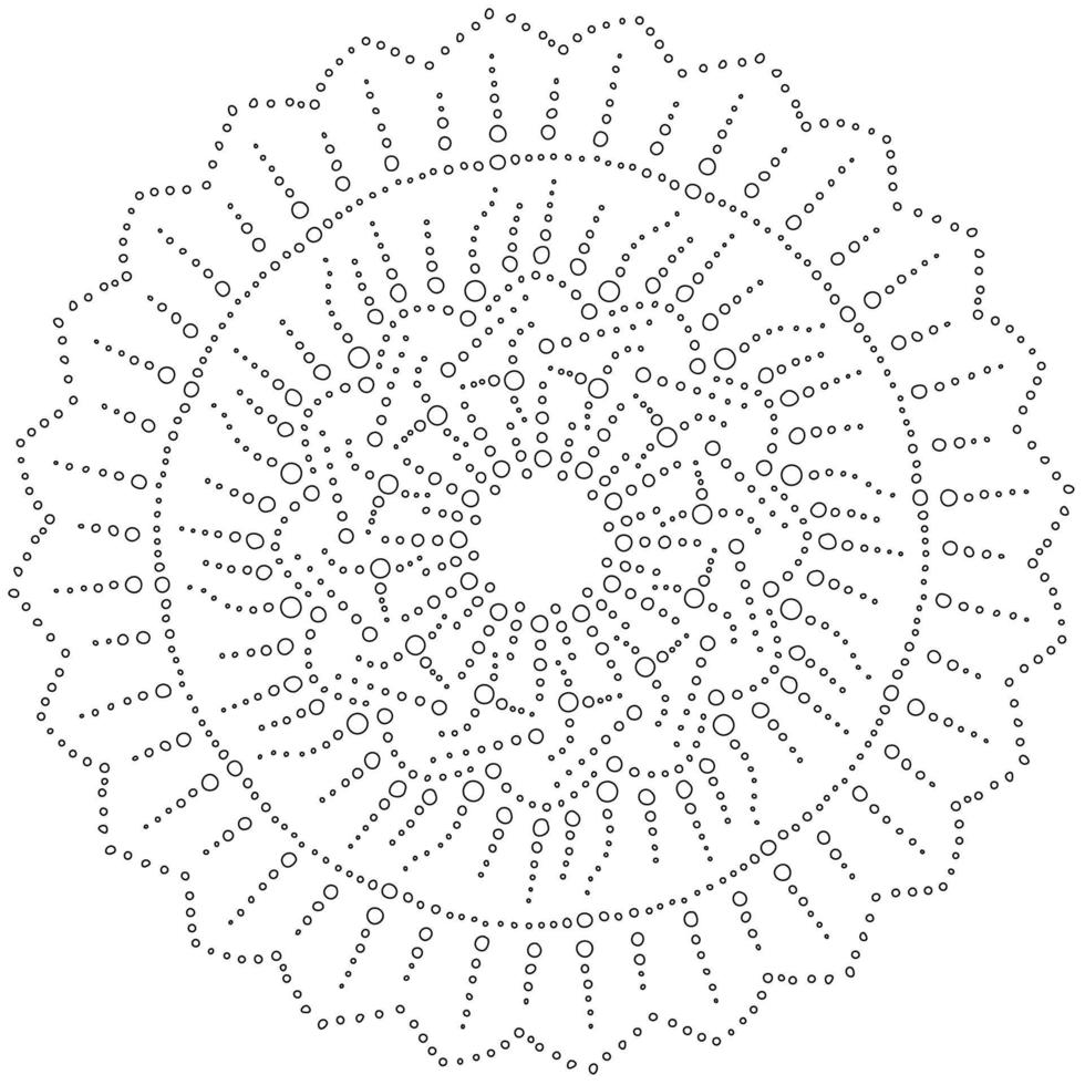 Ornate mandala of many small circles arranged in the form of curls and petals, antistress coloring page of round elements vector