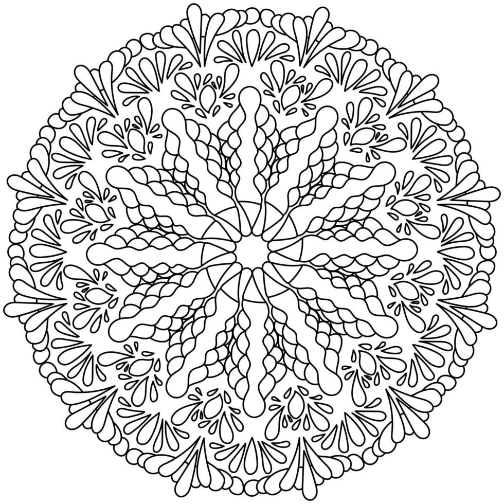 Antistress mandala with curls and arches, zen coloring page with doodle patterns and tangles vector