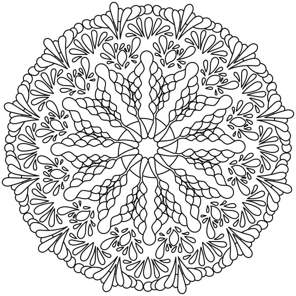 Antistress mandala with curls and arches, zen coloring page with doodle patterns and tangles vector