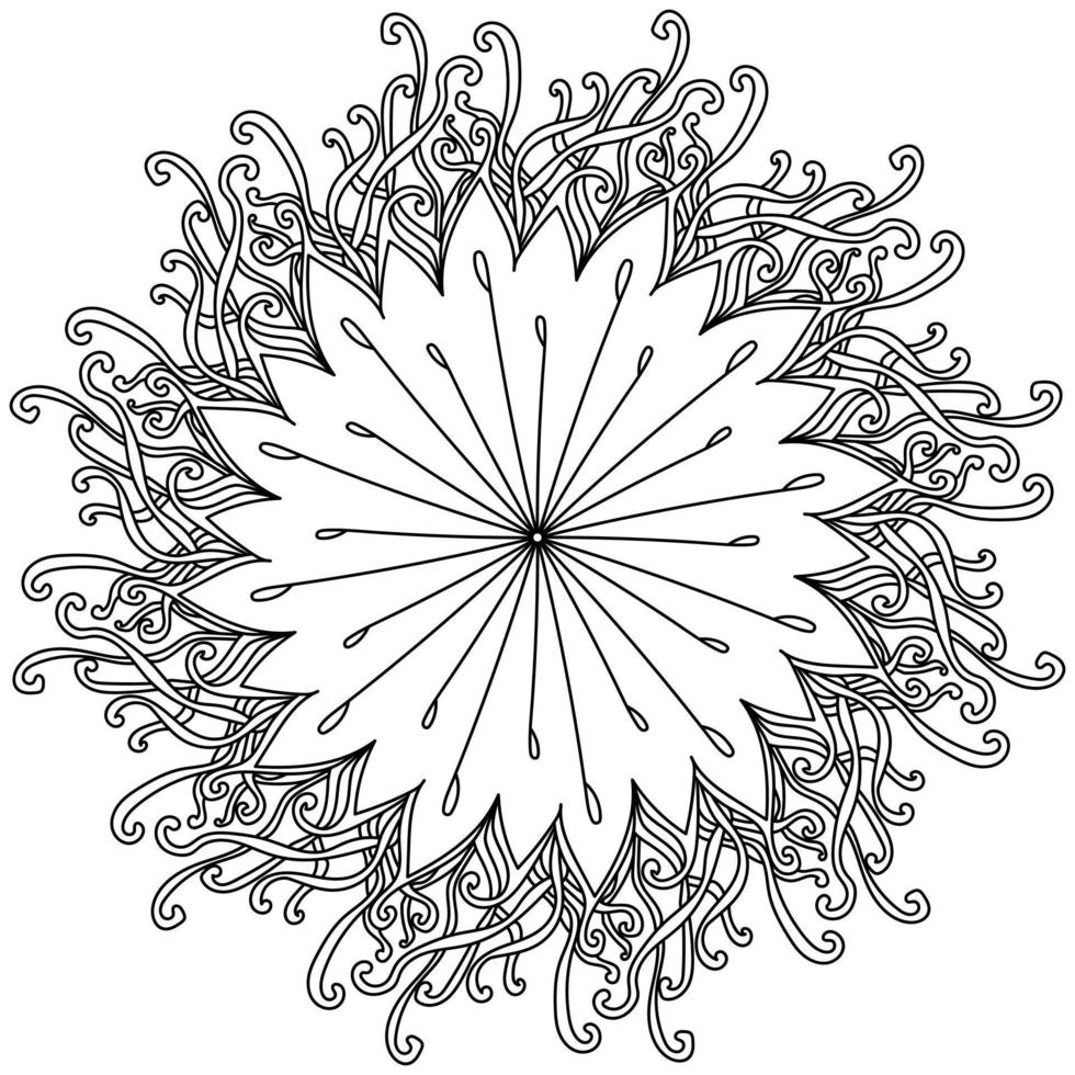 Contour doodle mnadala with fancy flower in the center and curls around the perimeter, zen antistress coloring page with tangles vector