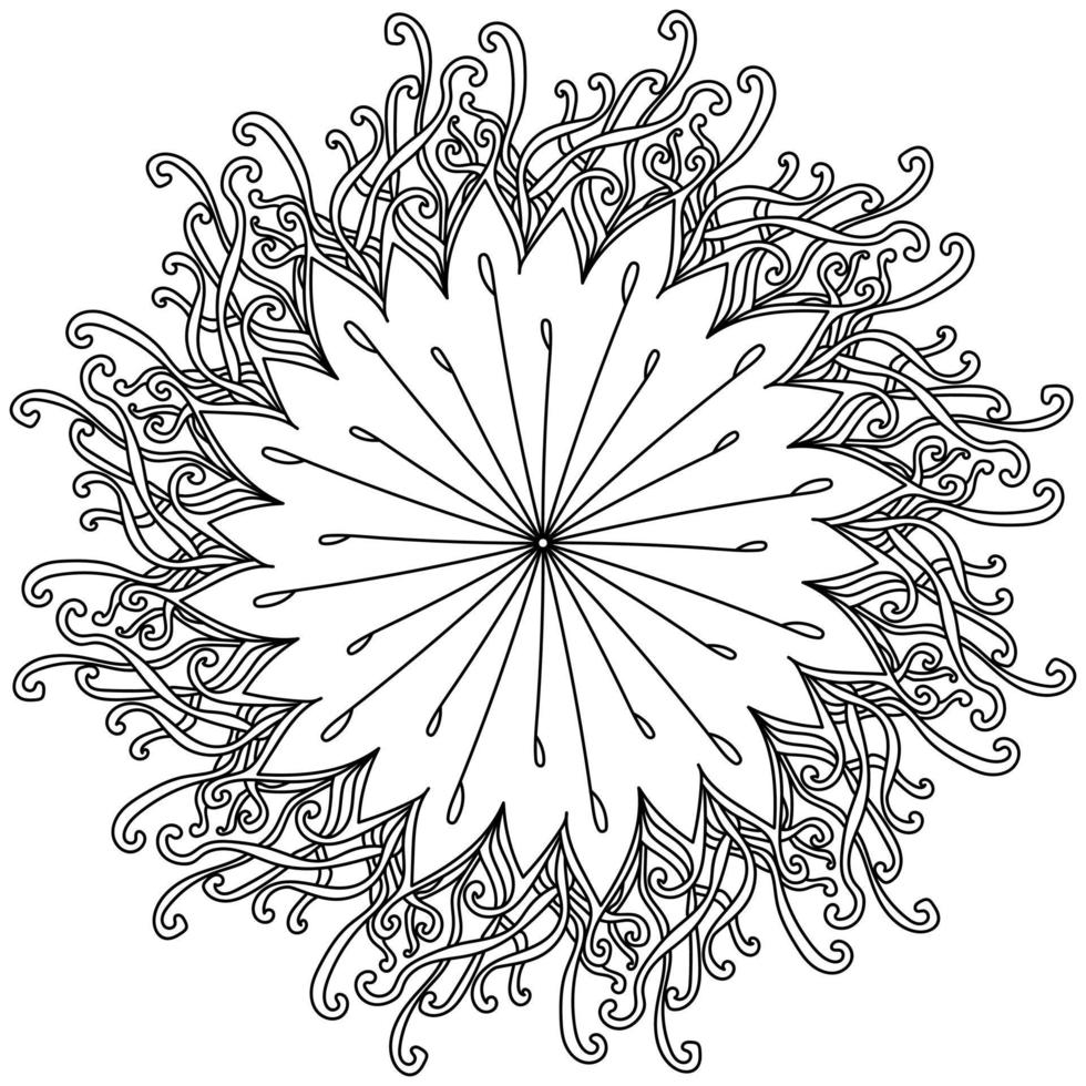 contorno doodle mnadala con flor elegante en el centro y rizos alrededor del perímetro, página de coloreado antiestrés zen con enredos vector