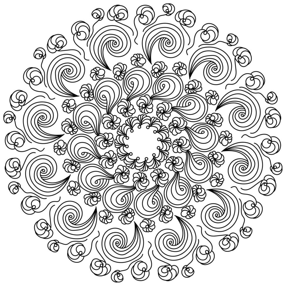 Antistress mandala with floral abstract elements, zen coloring page with curls and doodles vector