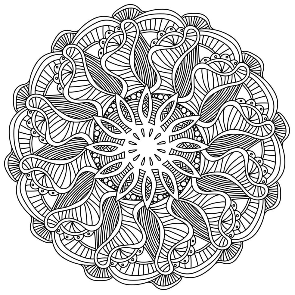 Contour zen antistress mandala with striped petals and curls, doodle coloring page of lines and small circles vector