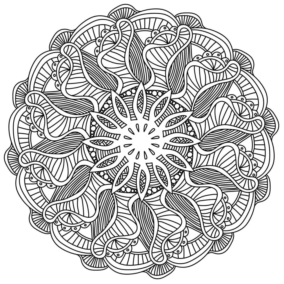 Contour zen antistress mandala with striped petals and curls, doodle coloring page of lines and small circles vector