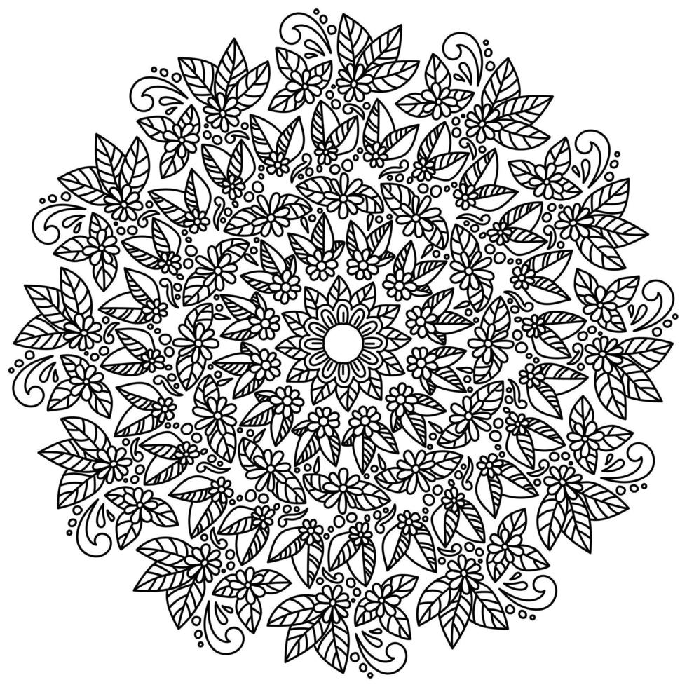Contour zen mandala of doodle flowers with leaves and small decorative elements, antistress coloring page in the form of a round floral frame vector