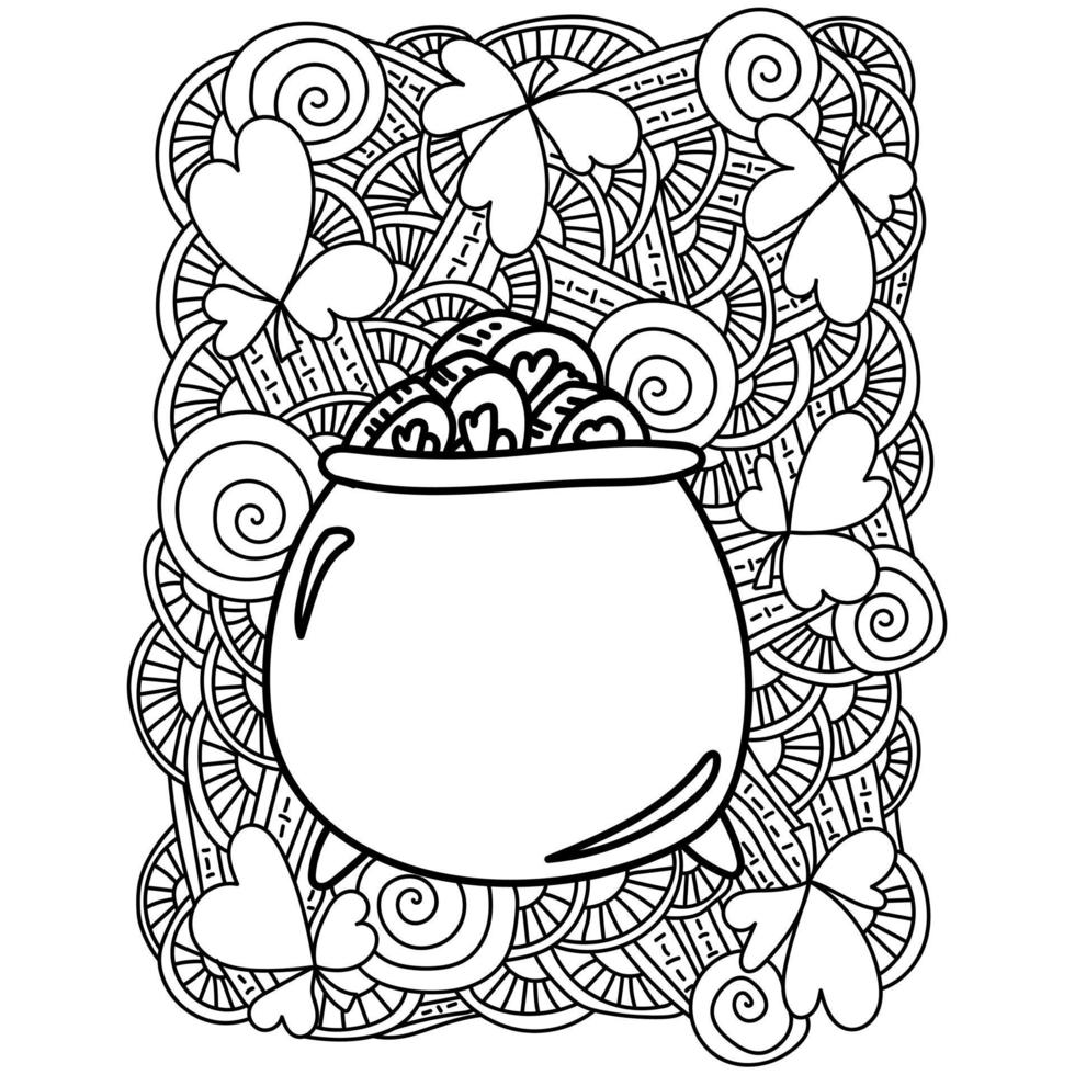 Ornate St. Patricks Day Coloring Page, Pot of Coins among Clover and Fantasy Patterns vector