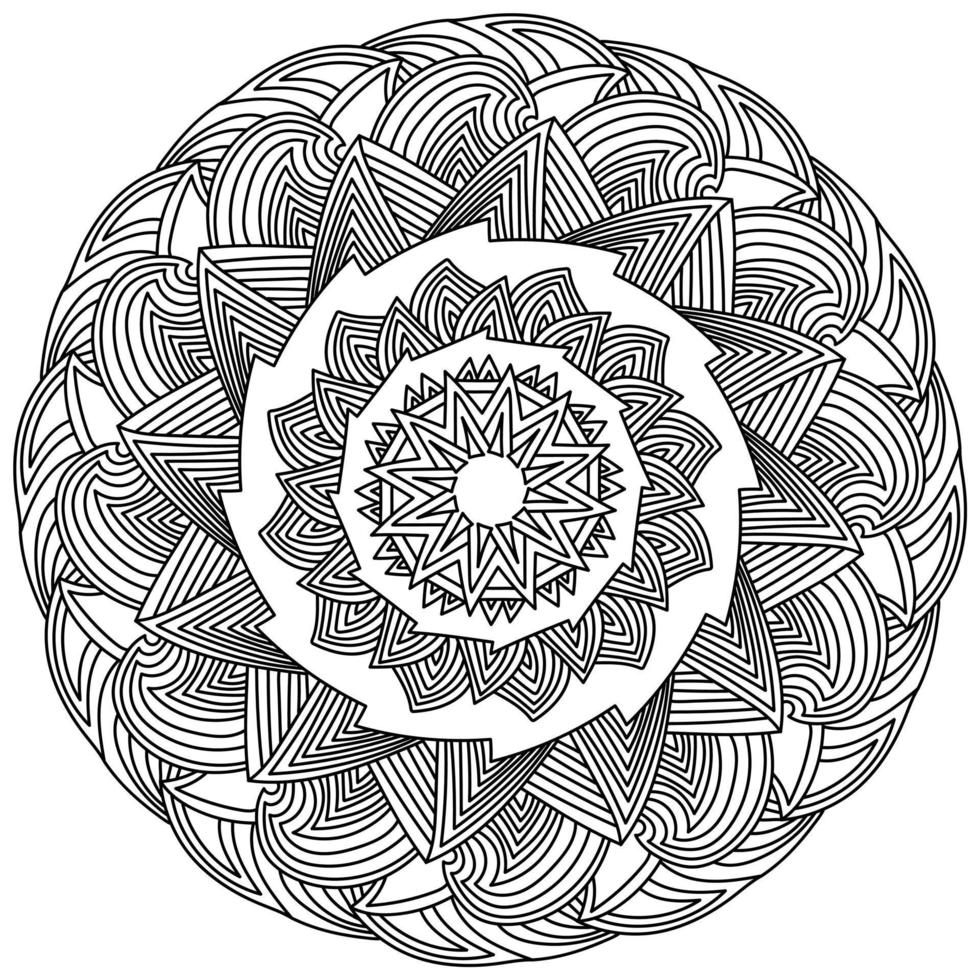Contour ornate mandala with triangular elements and symmetrical lines, coloring page antistress in the form of a round frame with zen lines vector