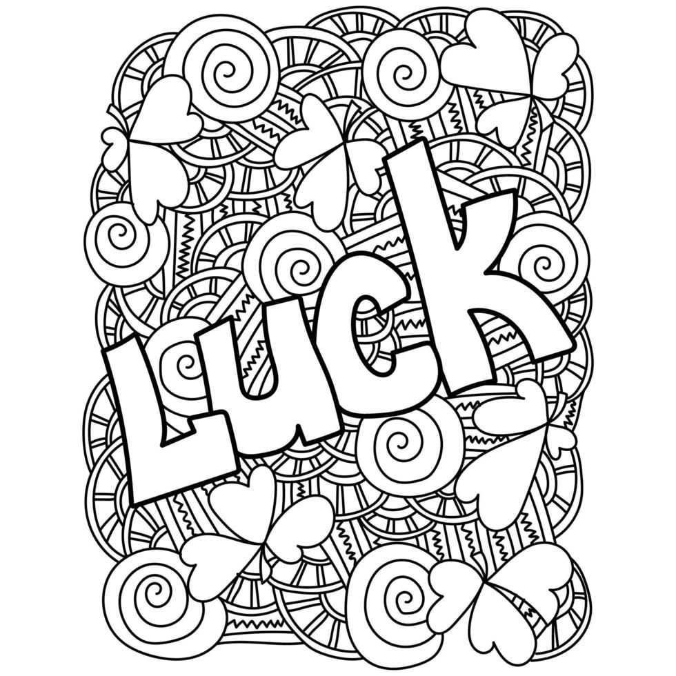 Ornate St. Patrick's Day Coloring Page, Word Luck Among Clover and Fantasy Patterns vector