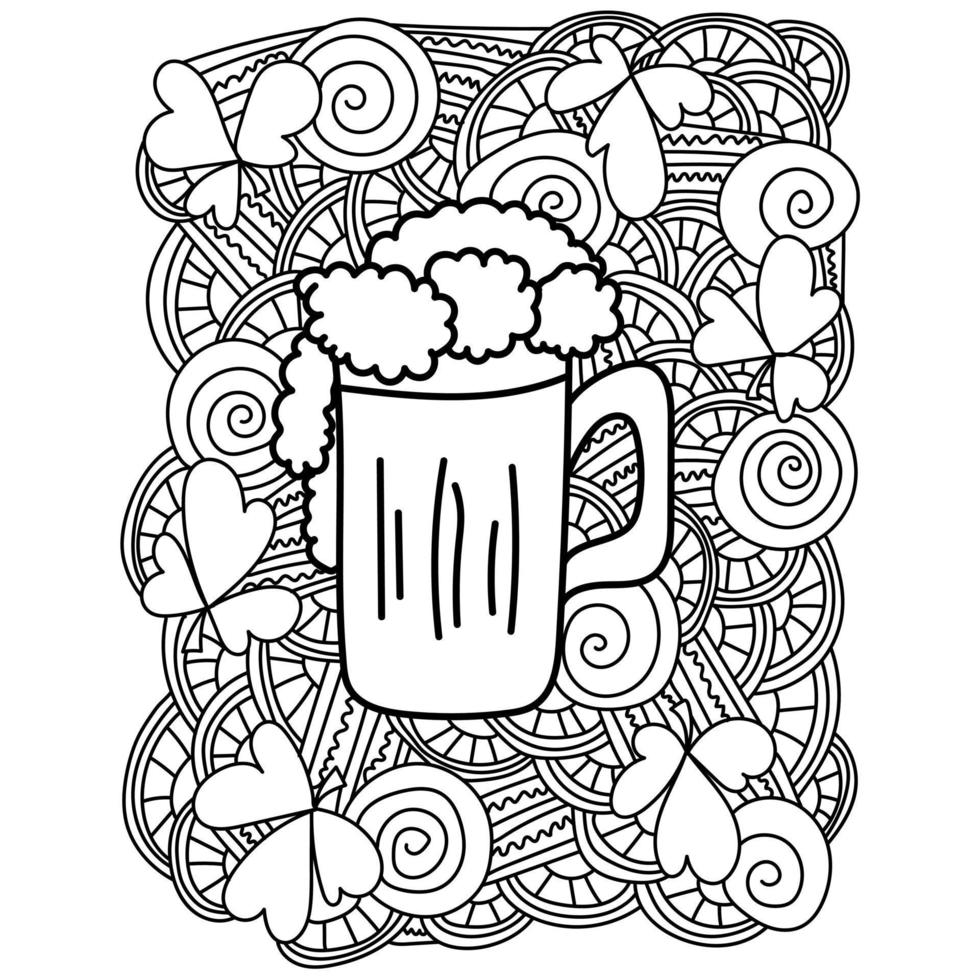 Ornate St. Patricks Day Coloring Page, Mug of foamy beer among clover and fantasy patterns vector