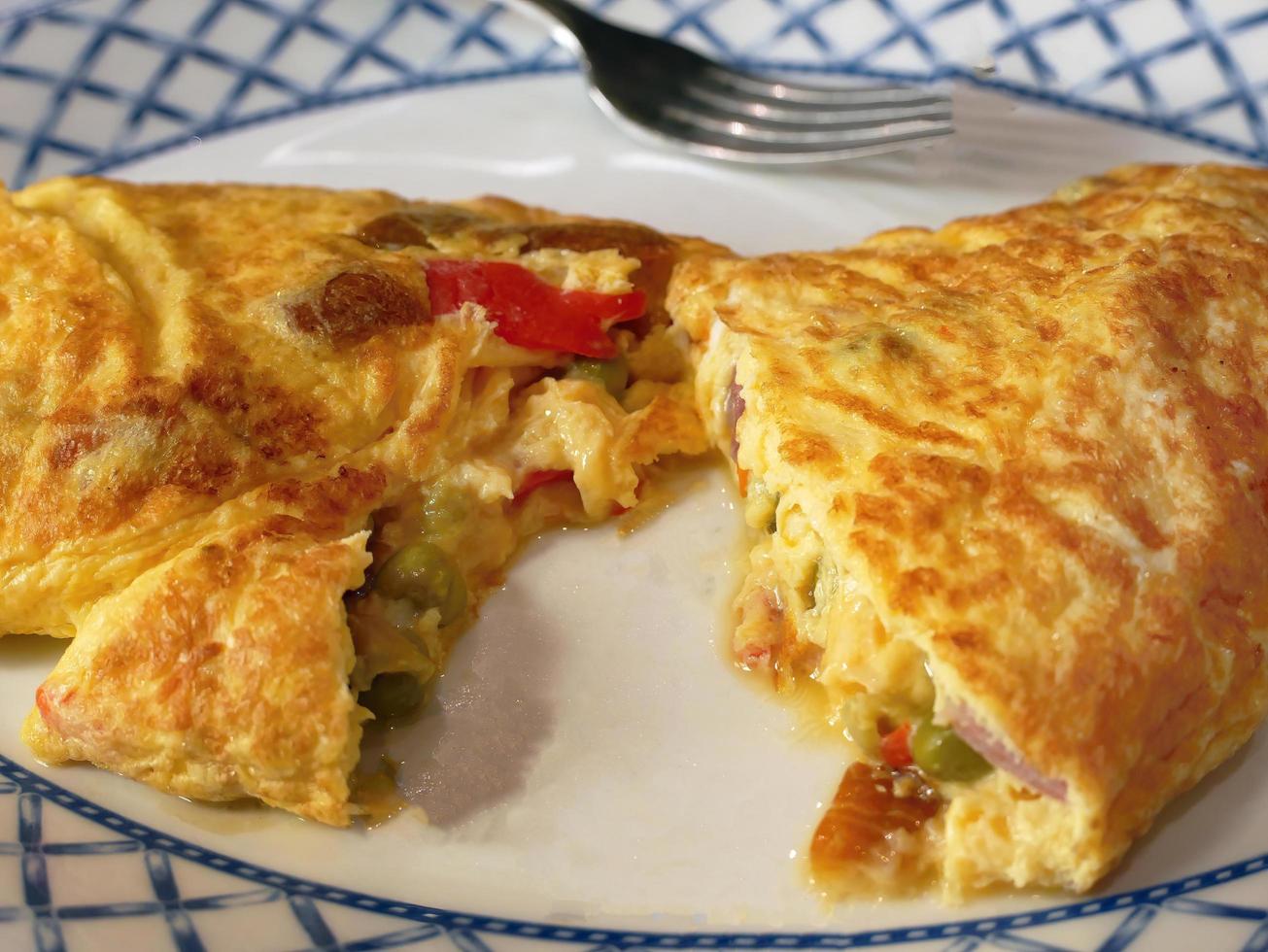 Close up Segovia Spain style omelette in the dish, with blurry fork background, wallpaper, simple menu photo