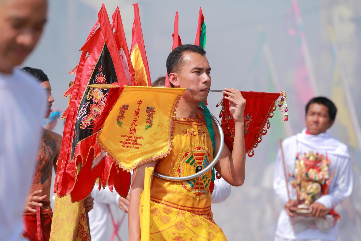 Korat, THAILAND - OCTOBER 27 Unidentified devotee of Vegetarian Festival, person who invites the spirits of gods to possess their bodies on October 16, 2015  in Korat, Thailand photo