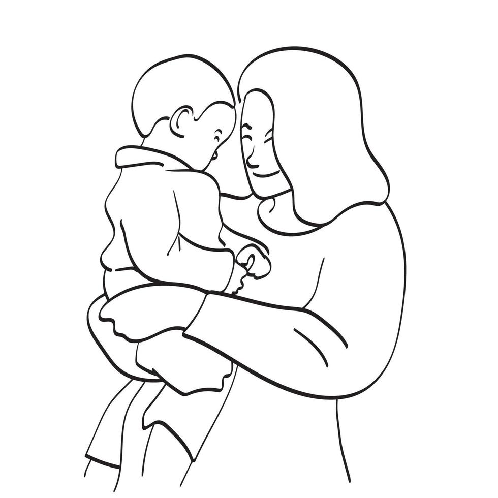 line art smiling mother carrying her child up illustration vector hand drawn isolated on white background