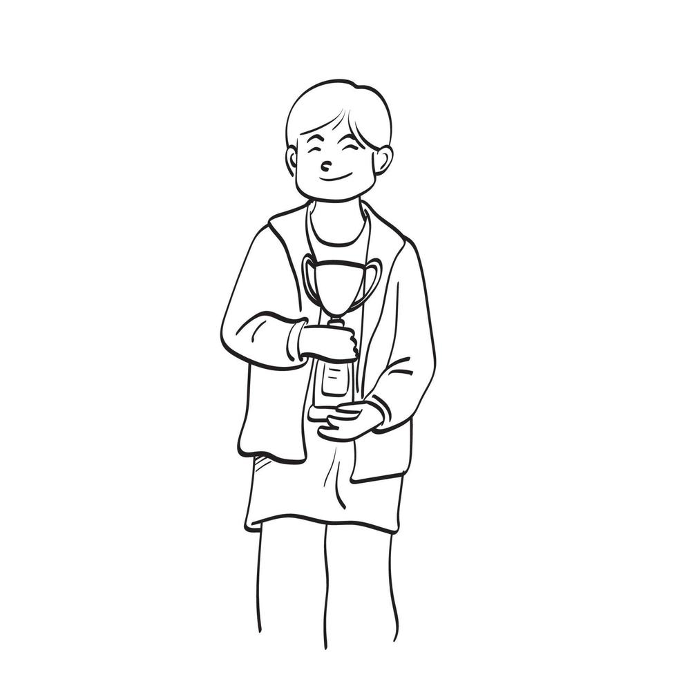 arte de línea niño sonriente sosteniendo trofeo en su pecho ilustración vector dibujado a mano aislado sobre fondo blanco
