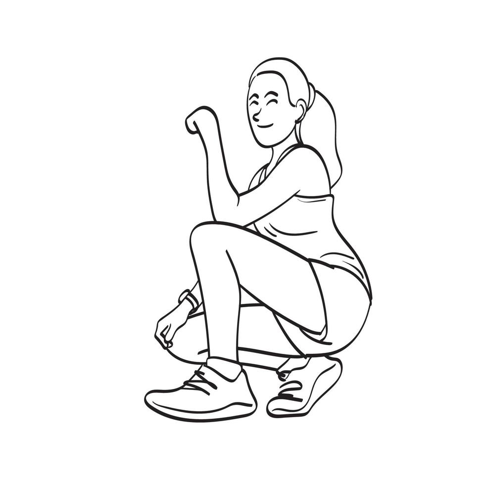 mujer atleta corredora descansando después de un largo entrenamiento ilustración vector dibujado a mano aislado en el arte de línea de fondo blanco.