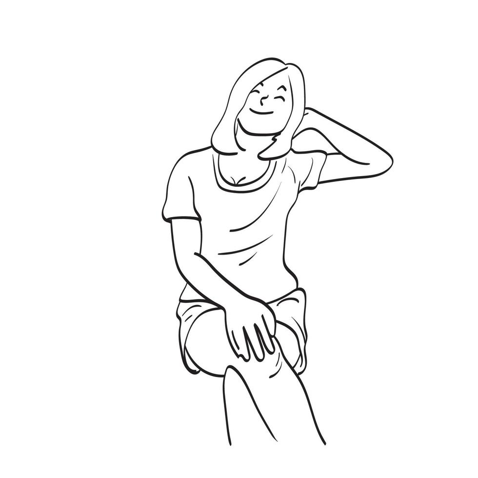 línea arte mujer sonriente sentada con relajarse ilustración vector dibujado a mano aislado sobre fondo blanco