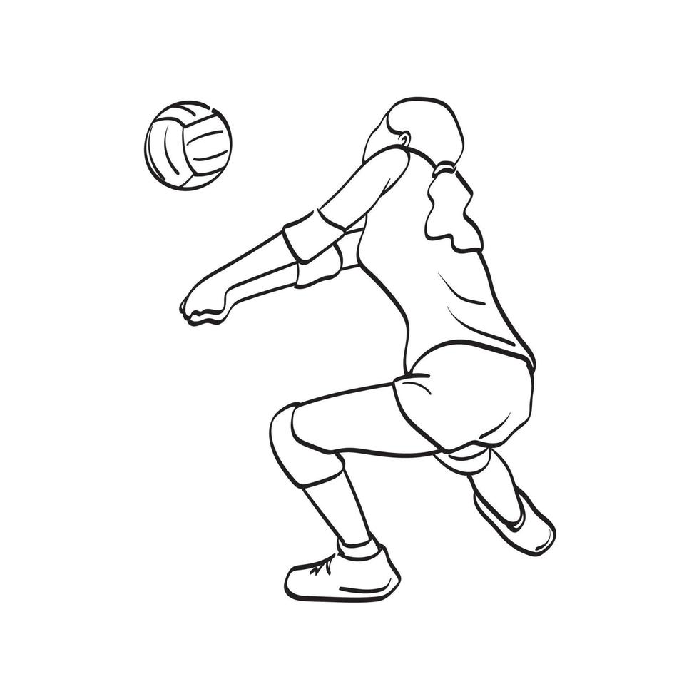 vista trasera de arte de línea de jugador de voleibol femenino ilustración vector dibujado a mano aislado sobre fondo blanco
