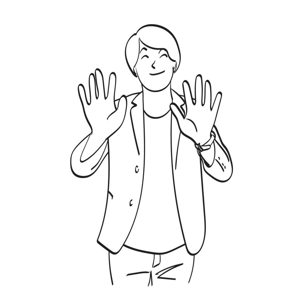 line art businessman counting to ten with fingers and hands illustration vector hand drawn isolated on white background