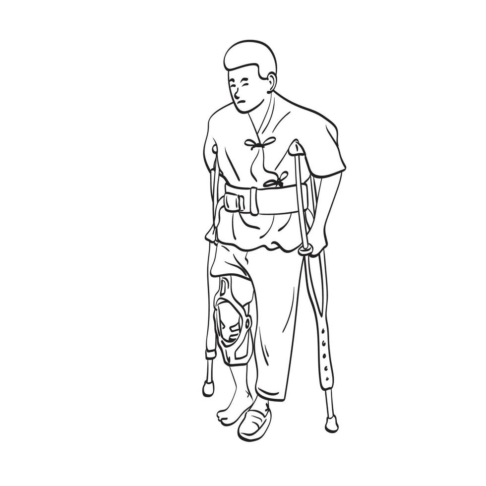 hombre con la pierna rota usando muletas para caminar ilustración vector dibujado a mano aislado en el arte de línea de fondo blanco.