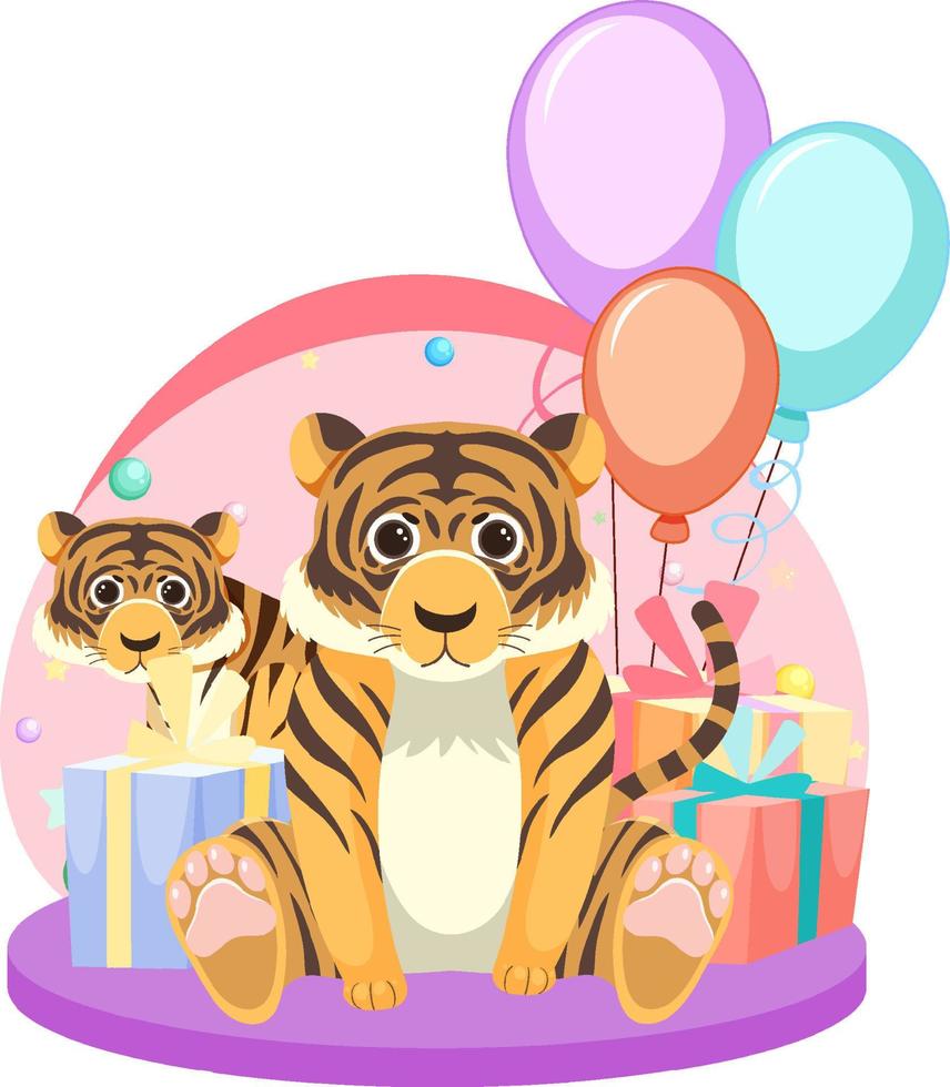 Two tigers with gift boxes and balloons vector