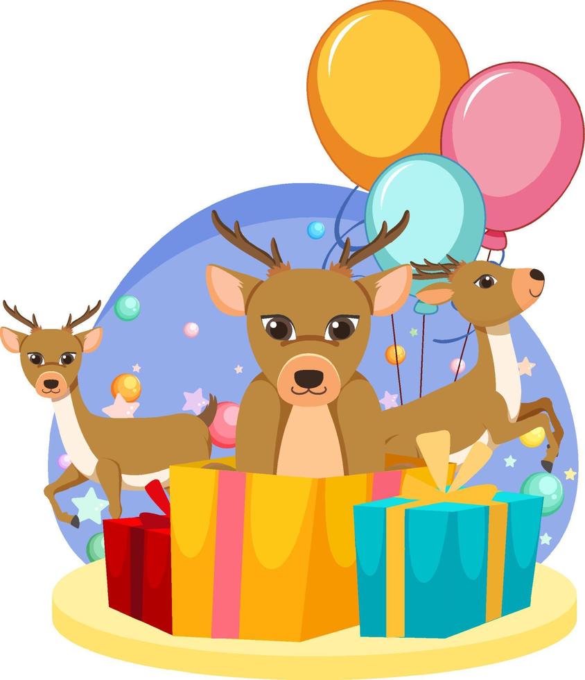 Three deers with gift boxes and balloons vector