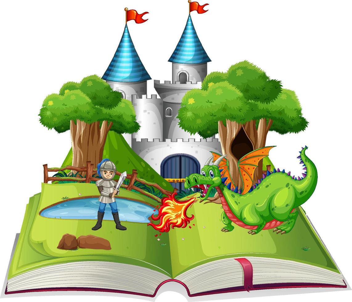 Book with scene of knight and dragon fighting vector