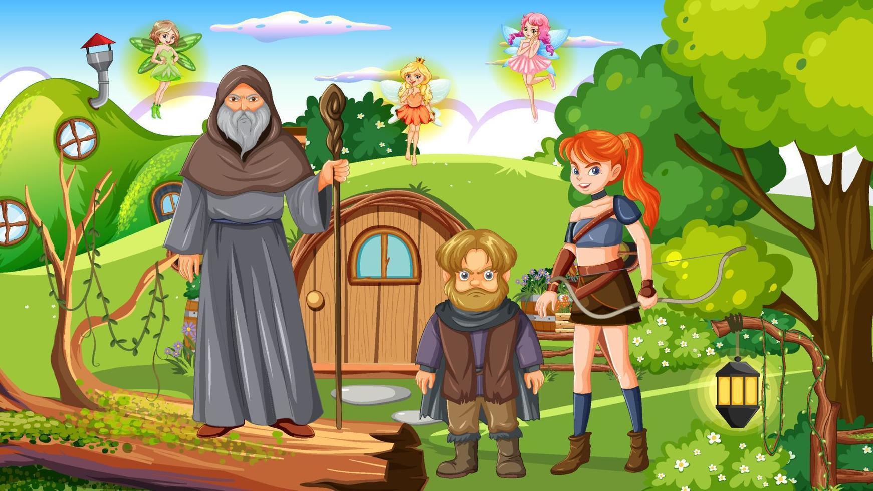 Fantasy folk cartoon characters in the forest vector