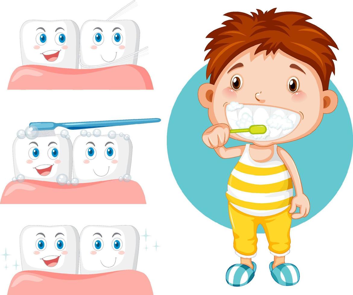 niño cepillando los dientes con los dientes con chicle vector