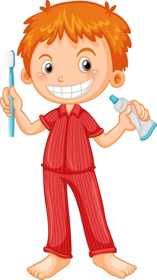 niño en pijama con cepillo de dientes y pasta de dientes vector