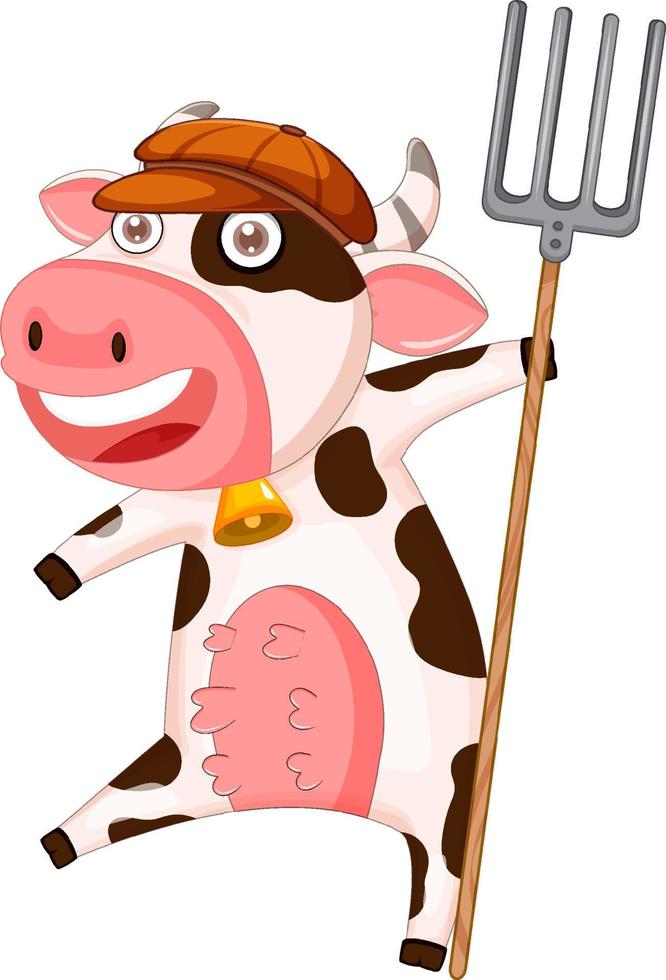 A cow holding rake cartoon character vector