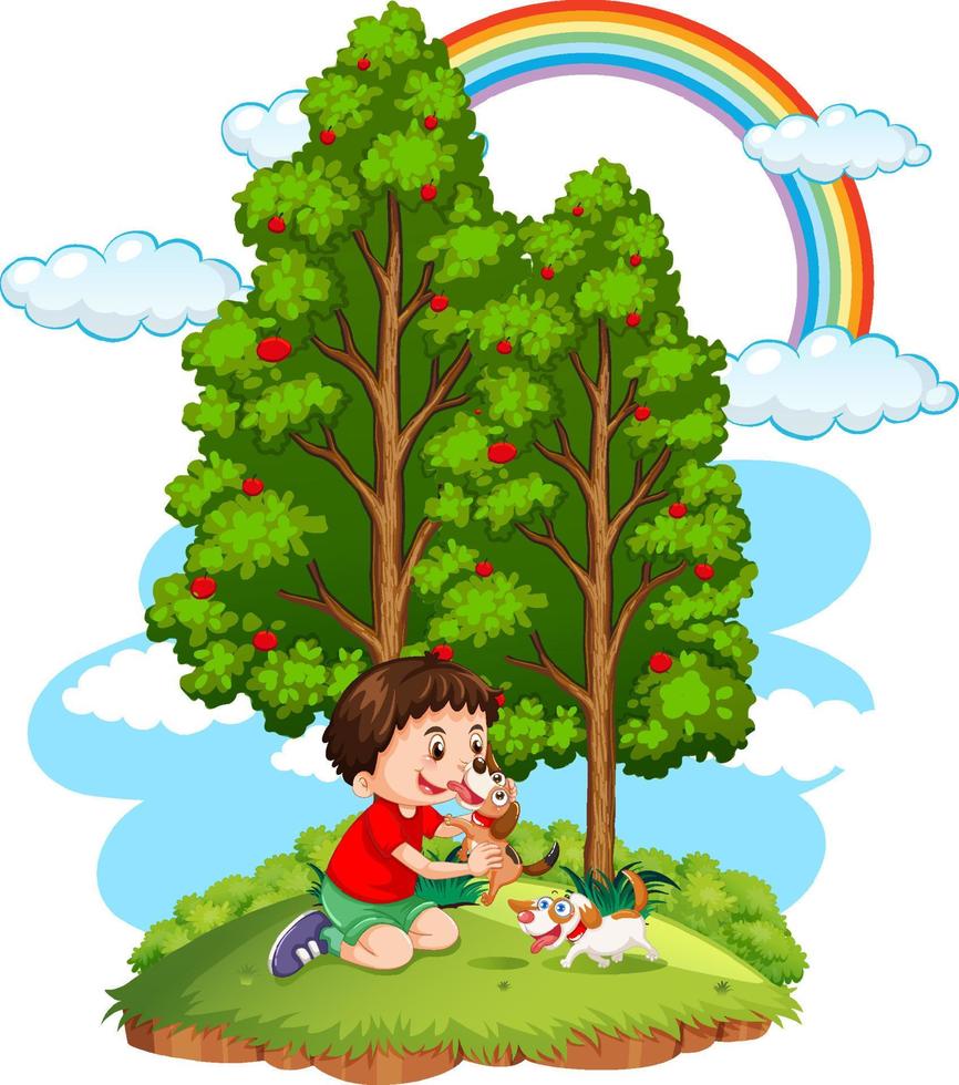 A boy playing with his dogs vector