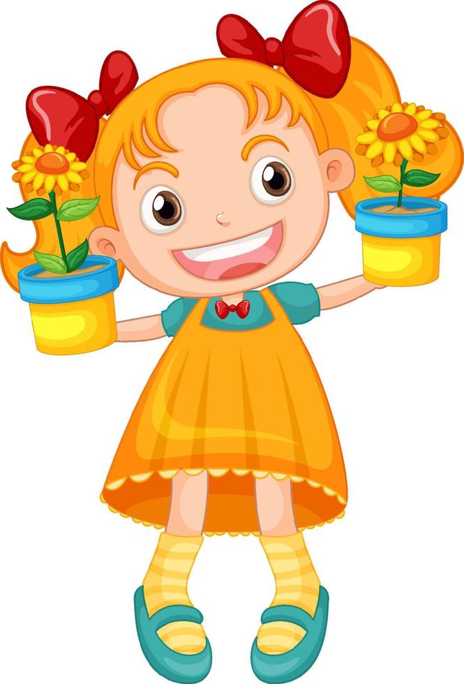 Little cute girl holding flower pot vector