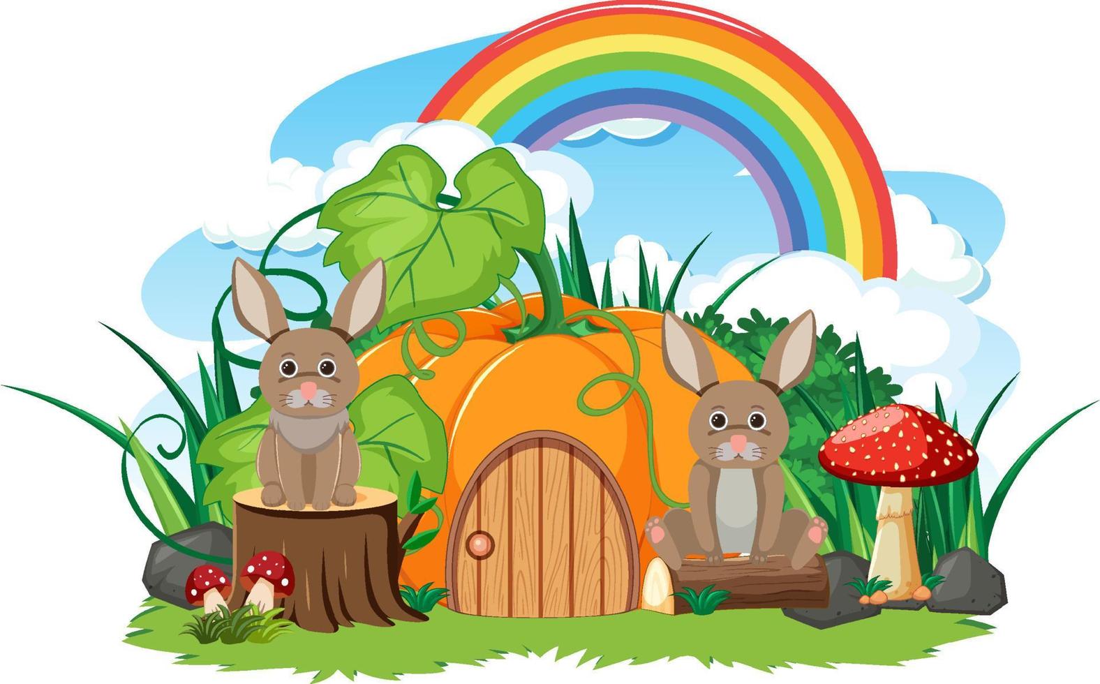 Rabbit group with pumpkin house vector